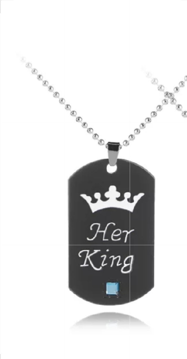 Dog Tag Necklace "Her King","His Queen"- Black